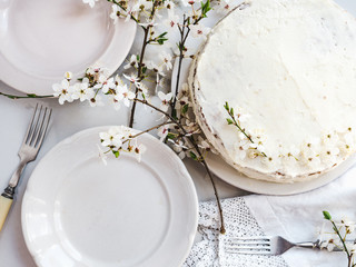 Flowering tree and fresh, homemade cake. Close-up, view from above, outdoors