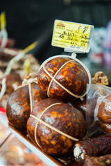 VILNIUS, LITHUANIA- 02JUNE 2019: Traditional Lithuanian food skilandis -Lithuanian sausage on a local market in Vilnius