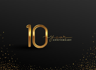 10 Years Anniversary Logo with Confetti Golden Colored isolated on black background, vector design for greeting card and invitation card