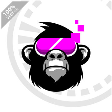 Gorilla head wearing virtual reality glasses. Amazing experience in abstract vr world. Scalable and Editable vector logo.