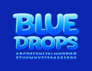 Fototapeta premium Vector creative sign Blue Drops. Glossy Funny Font. Comic Alphabet Letters and Numbers 