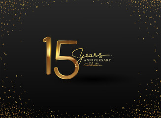 15 Years Anniversary Logo with Confetti Golden Colored isolated on black background, vector design for greeting card and invitation card