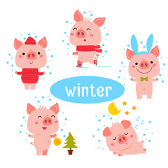 Little Pink Piggy Different Emotions And Situations. Set Of Cute Emoji Illustrations in different season winter, summer, autumn, spring