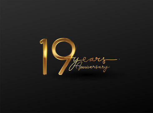 19 Years Anniversary Logo Golden Colored isolated on black background, vector design for greeting card and invitation card