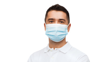 health, quarantine and pandemic concept - portrait of man wearing medical mask for protection from virus disease on white background