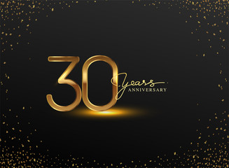 30 Years Anniversary Logo with Confetti Golden Colored isolated on black background, vector design for greeting card and invitation card
