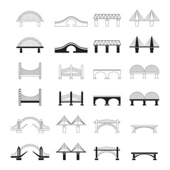 Set of bridges icons. A structure built over a water obstacle. Architectural construction. Vector illustration isolated on a white background for design and web.