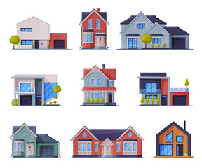 Cottages Facades Collection, City or Country Street Buildings, Modern Residential Houses Real Estate Flat Vector Illustration