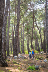 A woman walks with her son through the forest.