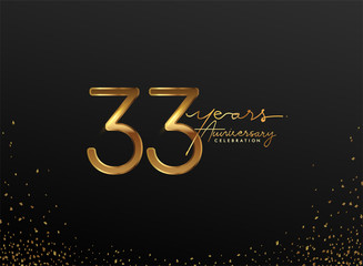 33 Years Anniversary Logo with Confetti Golden Colored isolated on black background, vector design for greeting card and invitation card - obrazy, fototapety, plakaty
