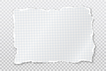 Torn, ripped piece of white squared note paper with soft shadow are on white background for text. Vector illustration