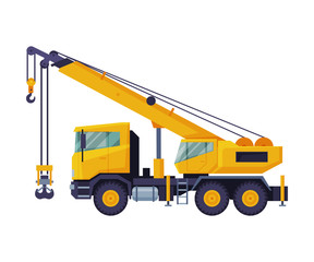 Construction Crane Truck, Heavy Cargo Transportation Service Vehicle Flat Vector Illustration