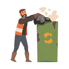 Man Janitor Throwing Garbage Bags into Recycling Container, Male Professional Cleaning Staff Character Wearing Orange Vest, Cleaning Company Service Vector Illustration