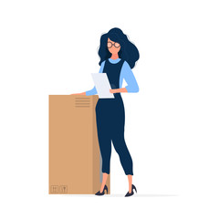 A girl in building overalls holds a sheet of paper in her hands. Girl with a big cardboard box. Isolated. Vector.