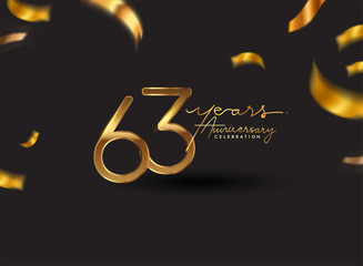 63 Years Anniversary Logo with Confetti Golden Colored isolated on black background, vector design for greeting card and invitation card