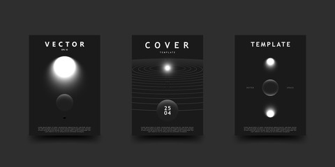 Black and white outer space cover set. Abstract cosmos scenes with glowing stars, planets, and orbits. Vector monochrome design for a template of poster, flyer, card, brochure, book. © аska