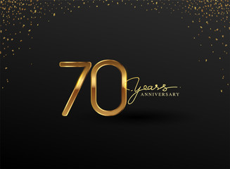 70 Years Anniversary Logo with Confetti Golden Colored isolated on black background, vector design for greeting card and invitation card