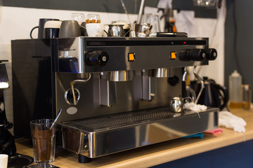 Coffee machine in coffee shop. Drinks and coffee house concept.