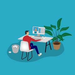 Colleagues talk to each other on the laptop screen. Conference video call, working from home.Freelance. Young man working on computer. Vector illustration in flat style.