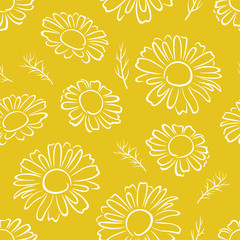 Silhouettes of daisies on yellow. Daisy seamless pattern. Floral background. Vector illustration of beautiful flowers and leaves. Chamomile simple outline.