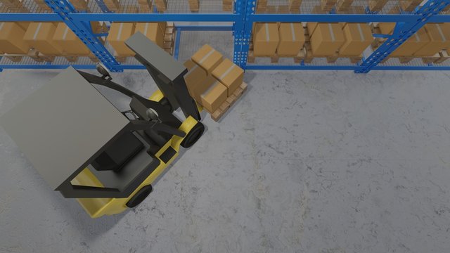 3D illustration of forklift truck loading pallet of products in the cardboard to store on shelf in warehouse