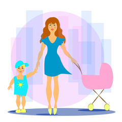 a woman with a baby and a stroller. Mother's Day holiday. vector multicolored illustration. love for children.