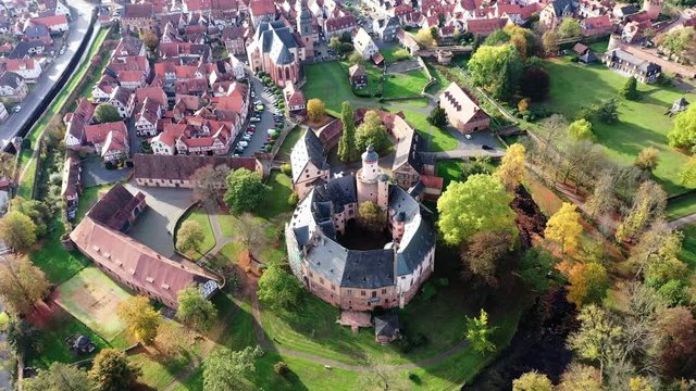 Aerial view, Flight at  old town of B&uuml;dingen with the B&uuml;dingen castle, Hesse, Germany