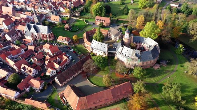 Aerial view, Flight at  old town of B&uuml;dingen with the B&uuml;dingen castle, Hesse, Germany