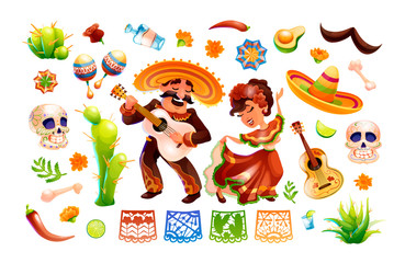 Mexican characters and objects set. Mexico symbols