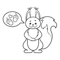 Fototapeta premium Coloring page with a squirrel and a pair of acorns.