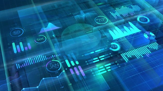 Big data 3D infographic background with animated charts.