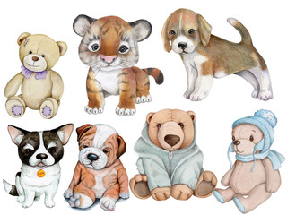 Set of cute toy animals. Watercolor illustrations.