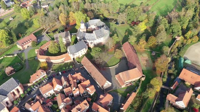 Aerial view, Flight at  old town of B&uuml;dingen with the B&uuml;dingen castle, Hesse, Germany
