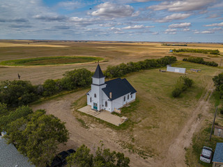Chapel church in the middle of nowhere at the side of a small remote  village drone photography 