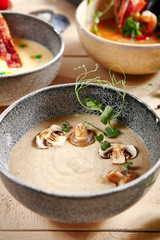 Forester soup with cheese rusks in gray bow
