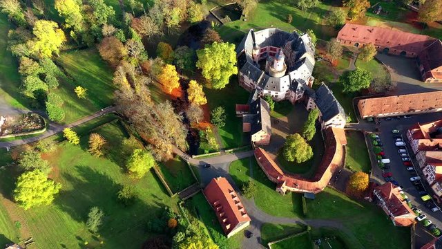 Aerial view, Flight at  old town of B&uuml;dingen with the B&uuml;dingen castle, Hesse, Germany