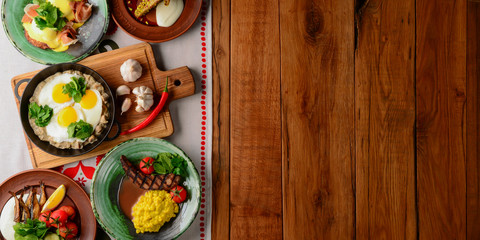 Healthy breakfast and clean eating concept from above. Copy space banner.