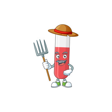 Mascot design style of Farmer red test tube with hat and pitchfork