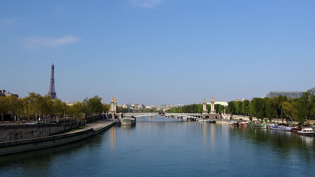 Covid-19: Pond Alexandre III bridge and calm seine river by Eiffel Tower is empty and deserted, pandemic, Paris
