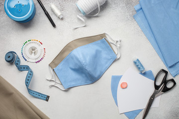 Painting, fabrics and sewing accessories for sewing an anti-virus mask. Do it yourself. Zero waste...