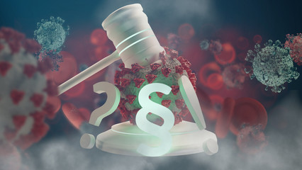 judge gavel and paragraph and question and exclamation mark and Coronavirus 3d-illustration - obrazy, fototapety, plakaty