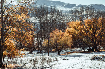Beautiful village in a mountain valley near the lake. Mountains landscape and old town. Travel - Dagestan