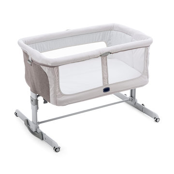 Gray Travel Cot Isolated On White. Extra Bed For Newborns & Babies. Modern Playpen With Soft Mattress Front Side View. Nursery & Baby Furniture Sets. Baby Hug. Portable Side-Sleeping Crib & Cradle