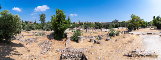 Panoramic of the Ancient Agora of Athens, in the foreground the remains of the public buildings, in...