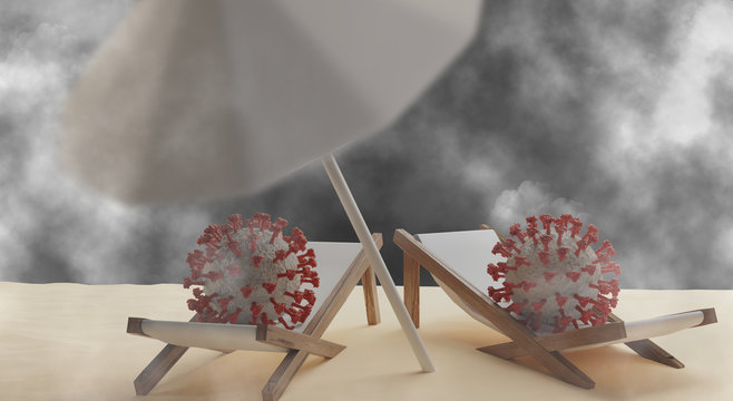 beach chairs and coronavirus and dark clouds 3d-illustration