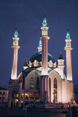 Russia. Kazan. August, 2019. Summer. The main mosque of Kazan Kul-Sharif. Meseta with a white facade and blue baths. Evening