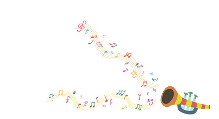 かわいいトランペットとカラフルな音符  A cute trumpet and some colorful notes with white background © Mimai Mig