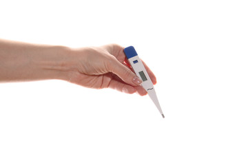Hand holds a thermometer