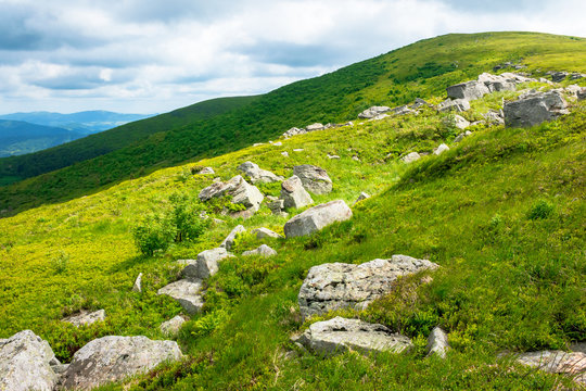 white rocks on the edge of alpine meadow. fresh green grassy slopes of mountain landscape in summer. distant ridges rolling in to the horizon. sunny weather with cloudy sky