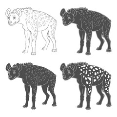 Set of black and white illustrations with spotted hyena. Isolated objects on a white background.